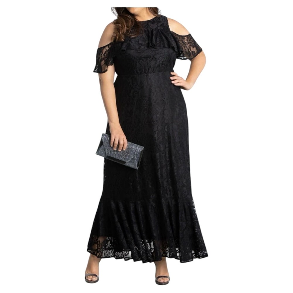 Kiyonna Black Lace Cold Shoulder Formal Evening Maxi Dress 4X‎
